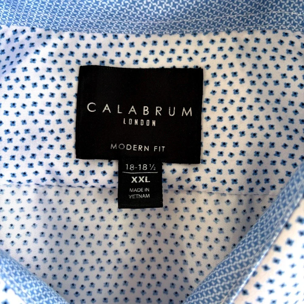 Calabrum London Mens XXL Modern Fit Dress Shirt Blue‎ White Micro Print Business
